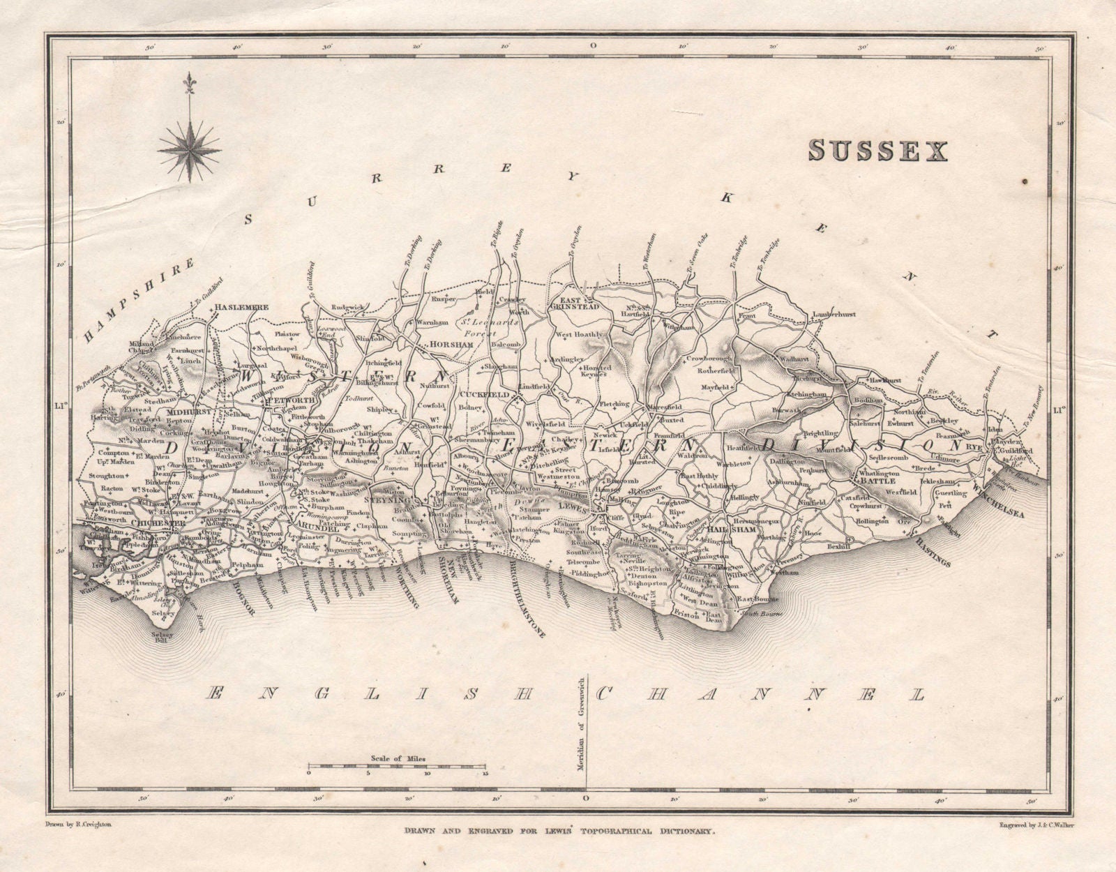 Antique county map of SUSSEX by Walker & Creighton for Lewis. Light crease c1840